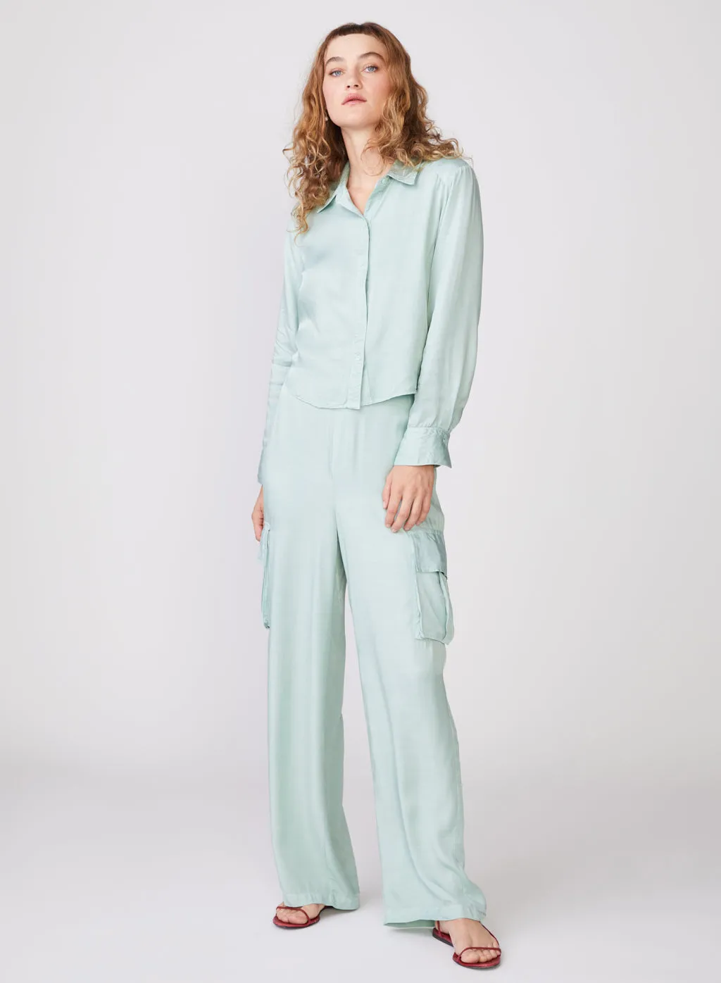 Viscose Satin Cargo Pant in Honeydew