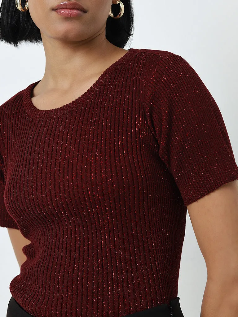 Wardrobe Maroon Ribbed Glitter Top