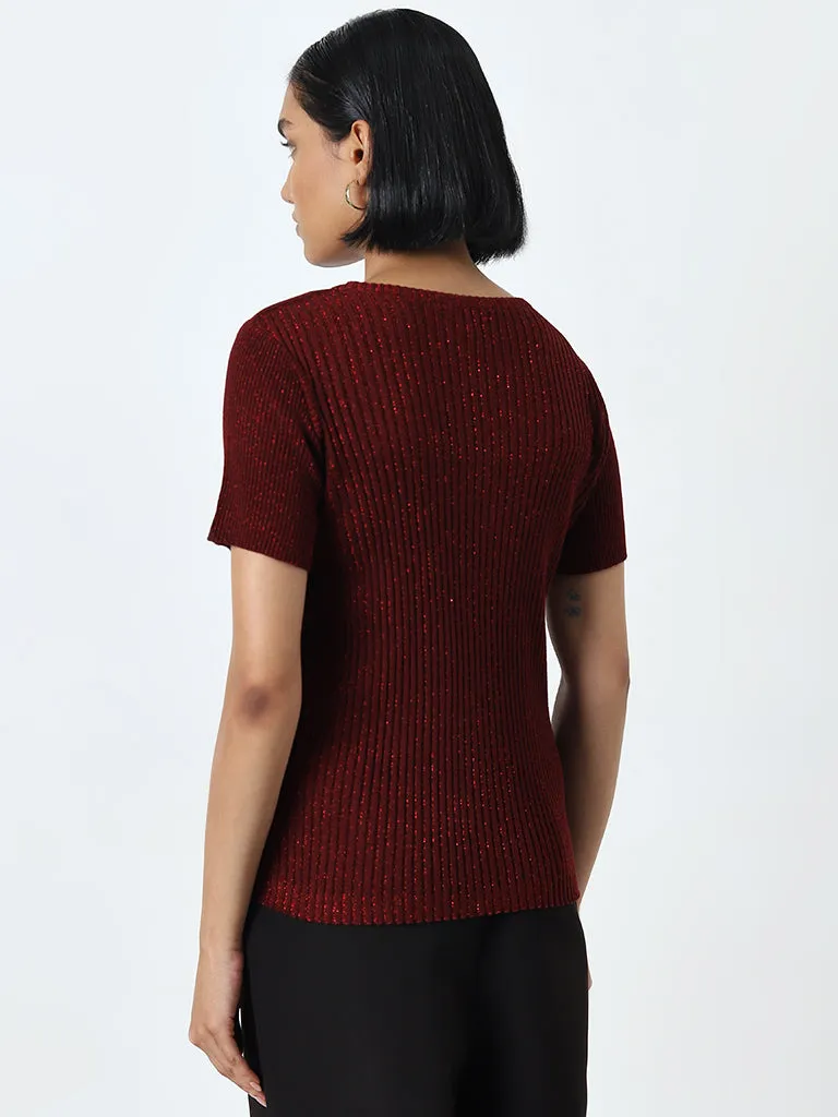 Wardrobe Maroon Ribbed Glitter Top