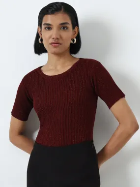 Wardrobe Maroon Ribbed Glitter Top