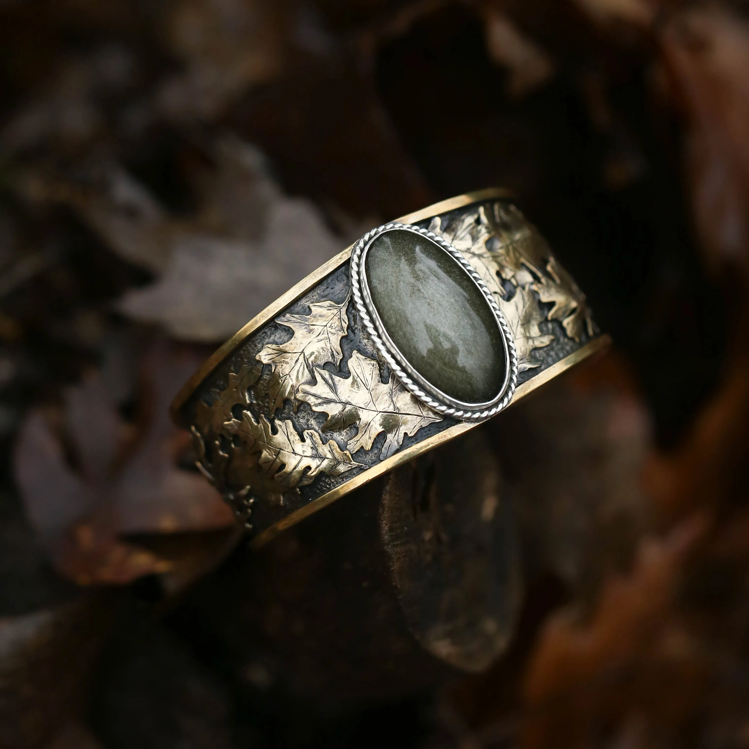 Wild Woods- Golden Sheen Obsidian Bracelet with Brass Oak Leaves