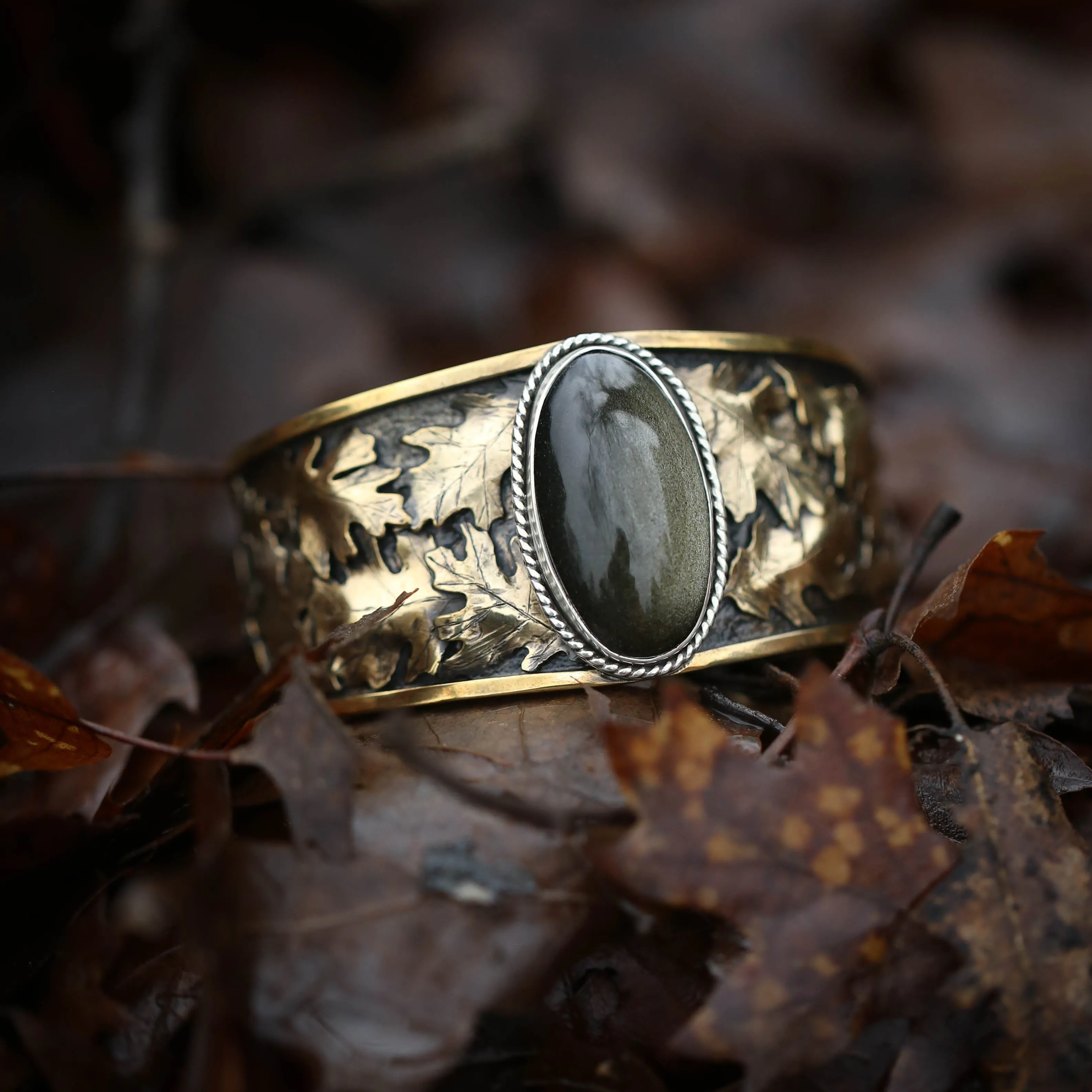 Wild Woods- Golden Sheen Obsidian Bracelet with Brass Oak Leaves