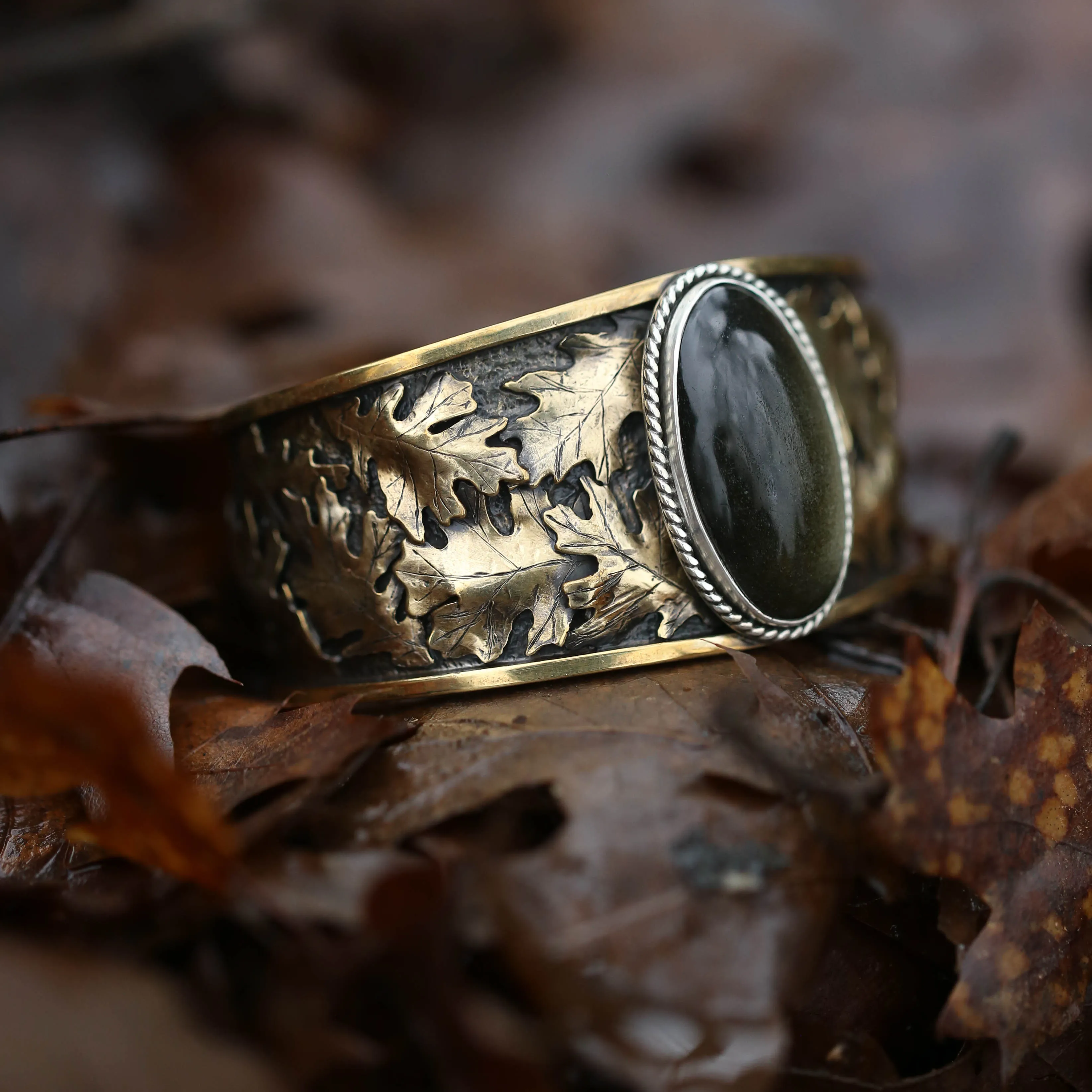 Wild Woods- Golden Sheen Obsidian Bracelet with Brass Oak Leaves