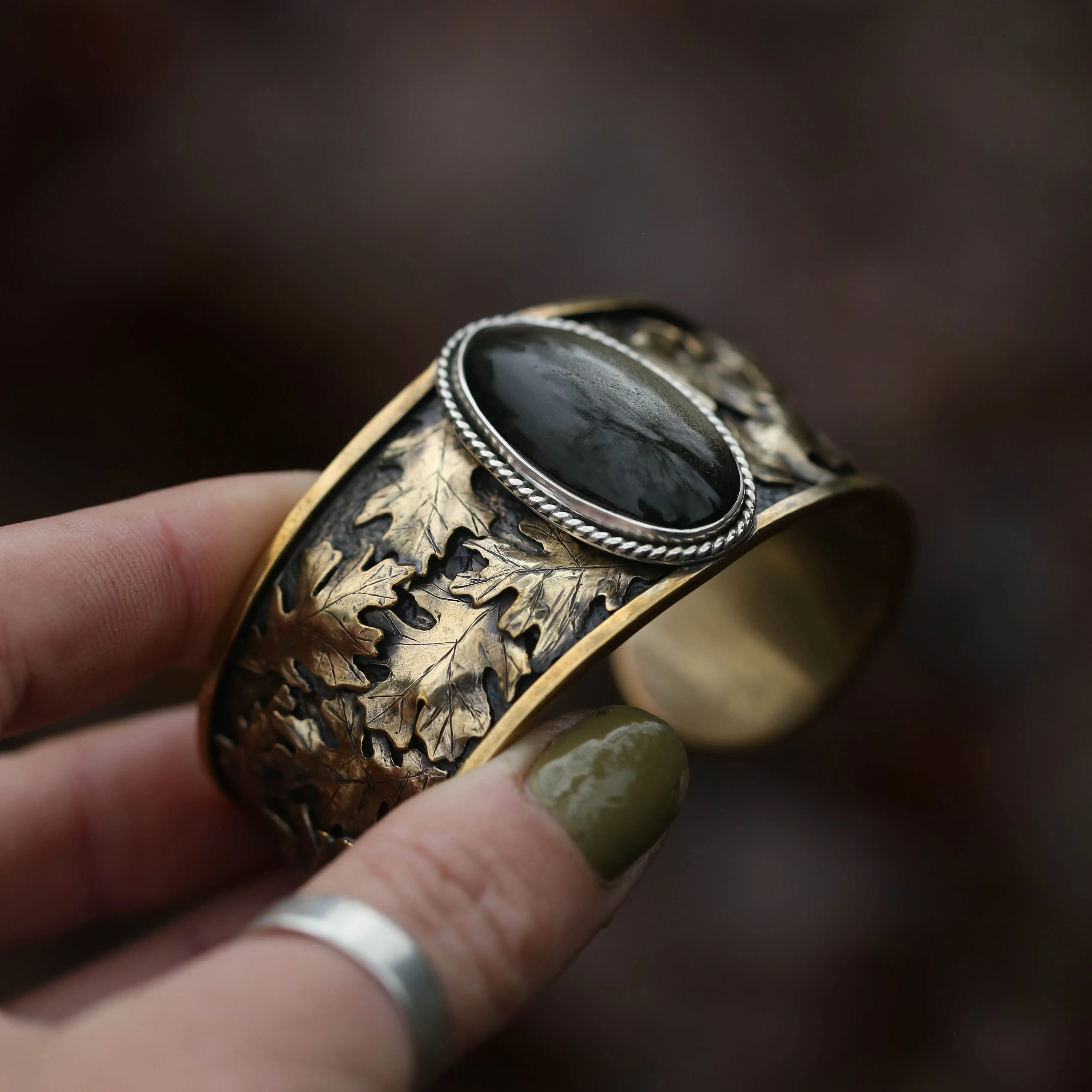 Wild Woods- Golden Sheen Obsidian Bracelet with Brass Oak Leaves