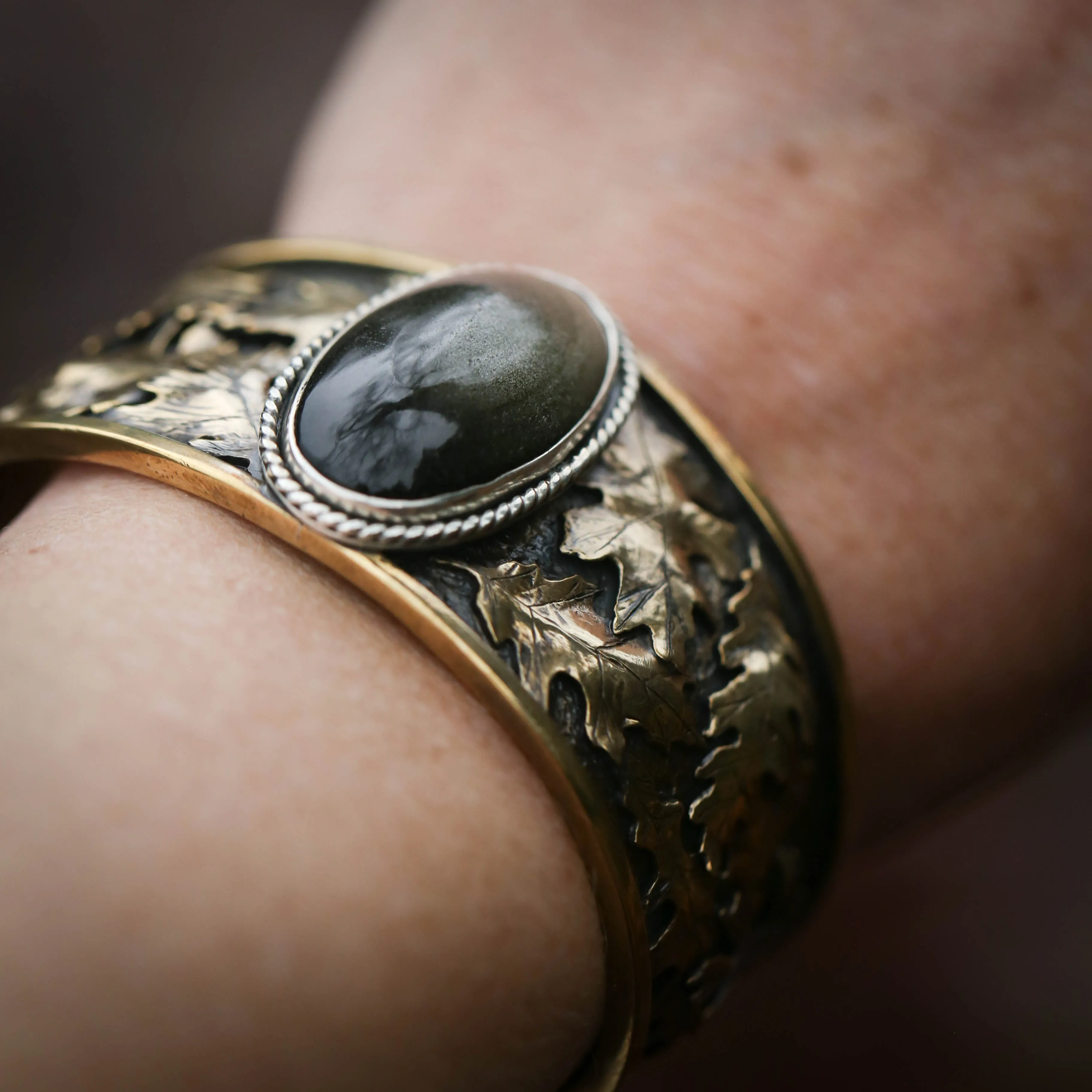 Wild Woods- Golden Sheen Obsidian Bracelet with Brass Oak Leaves