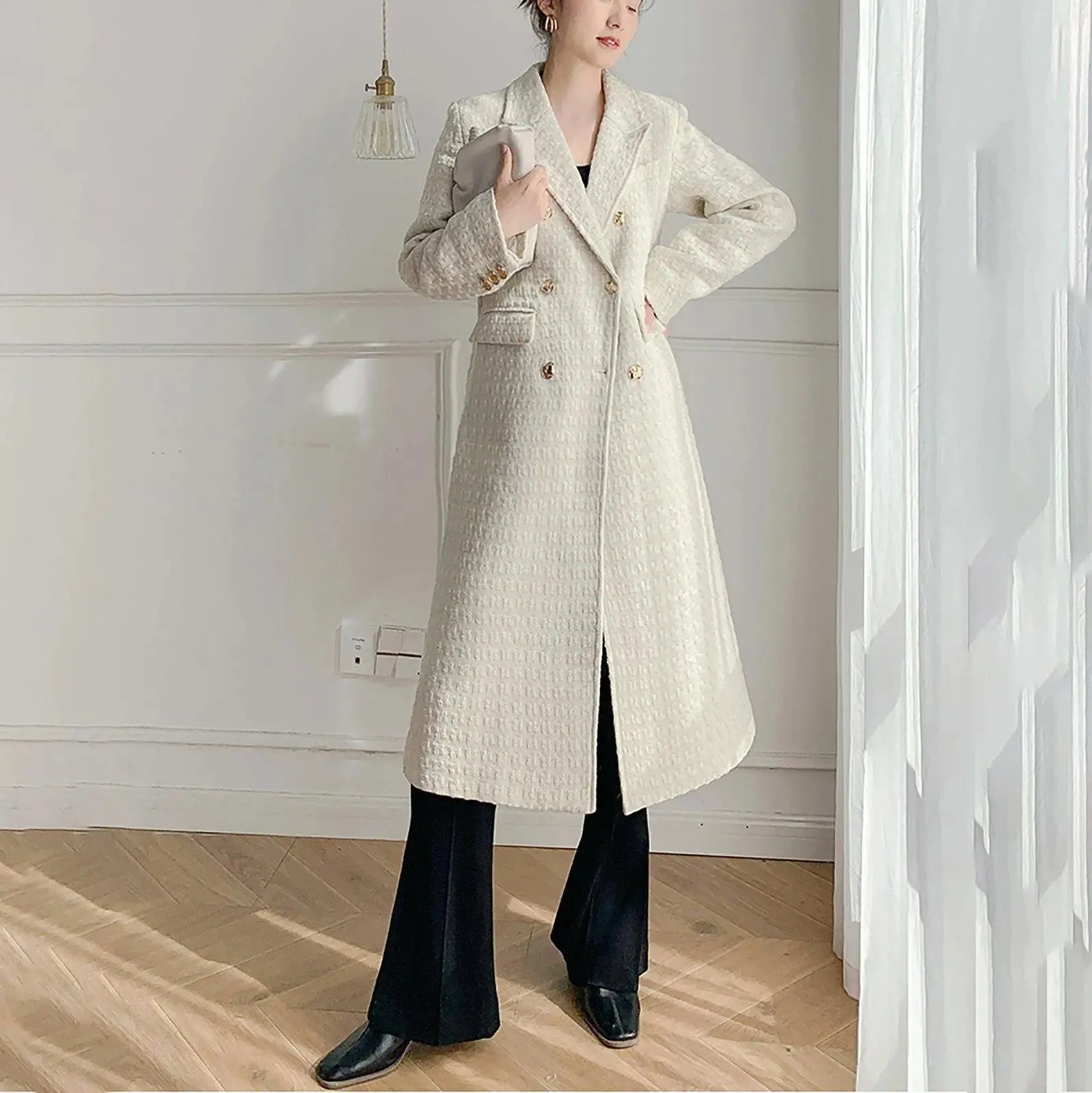 Women White Tweed Overcoat,Double breasted Coat,White Long Tweed Coat,Autumn Winter Coat women,Off white long coat,Fall coat women,Outerwear